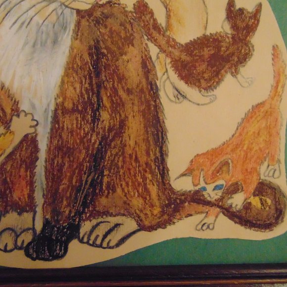 Mother Cat with Kittens, Original Pencil Sketch with Oil Pastels, 11.38x9.38 - Picture 6 of 8